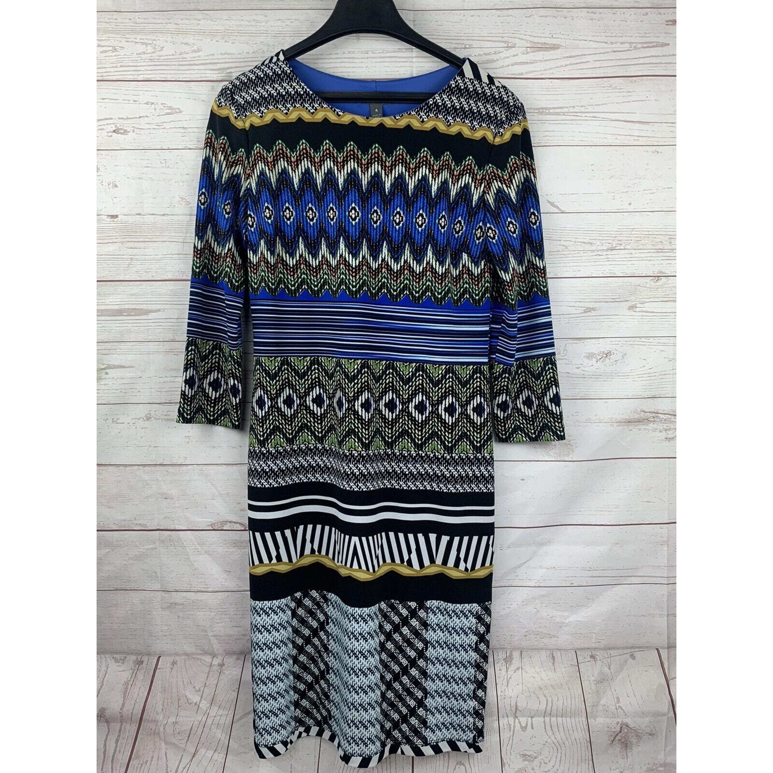 Muse Dress 3/4 Sleeve Multicolor Abstract Geometric Size 4 Stretch
