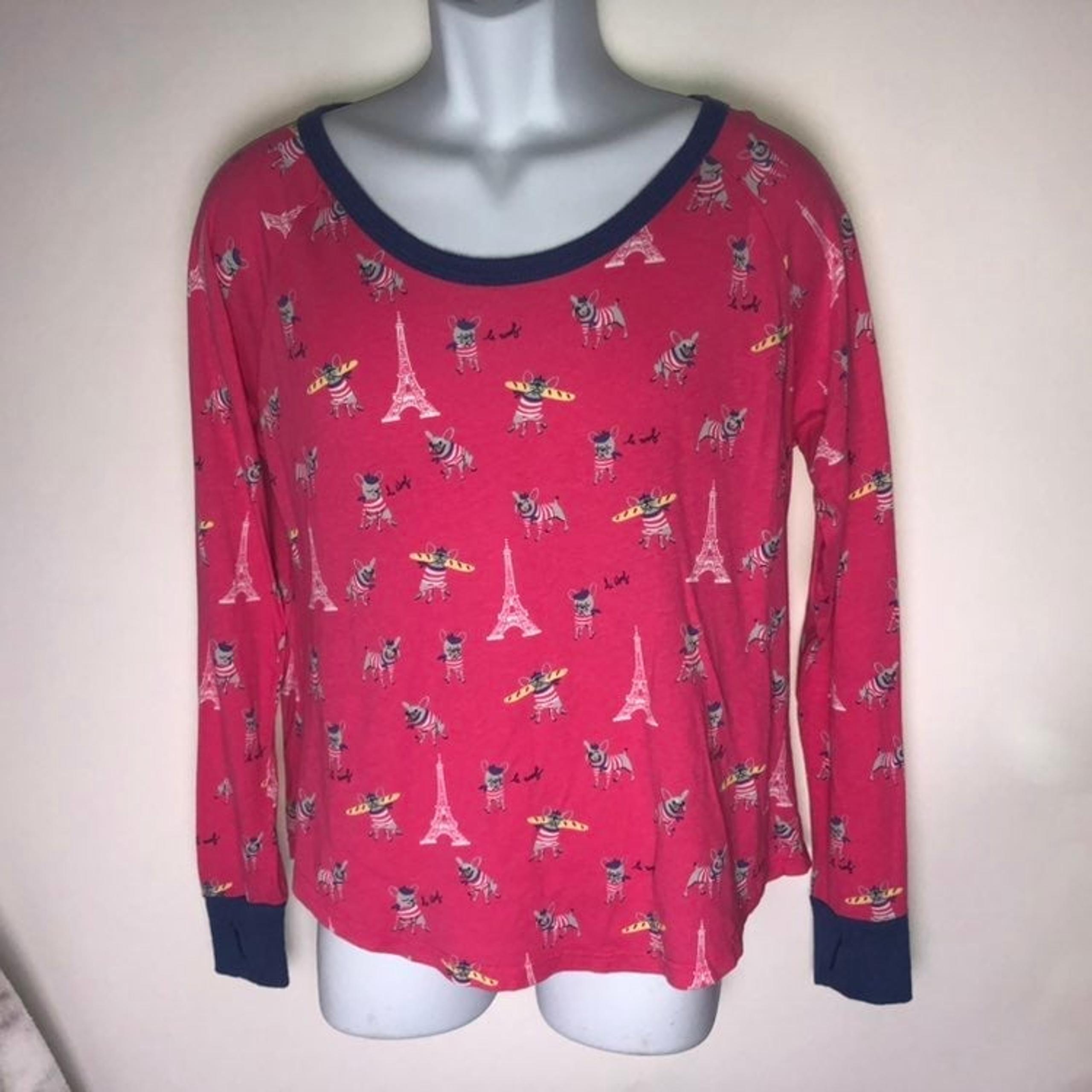 Pajama Shirt Pink w/Pug Dogs in Paris Graphic Women's Large - Munki Munki