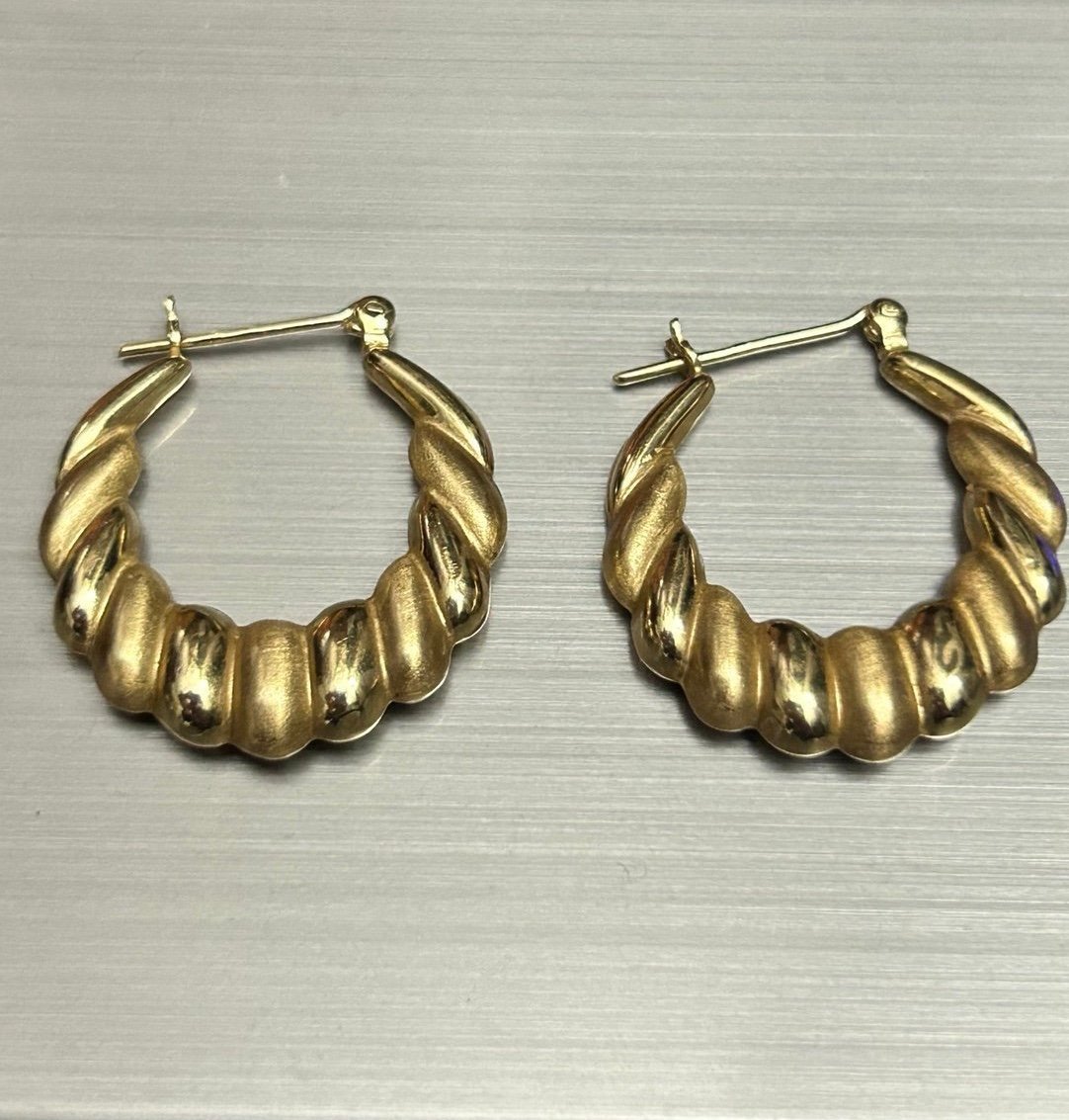 Vintage 14k Yellow Gold Are Deco Twist Look Hoop Earrings - 2.58g Fine Jewelry