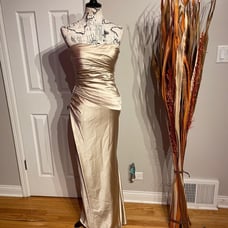 Vintage Y2k Champagne Satin Mermaid Trumpet Formal Evening Prom Strapless Ruched