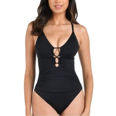 La Blanca Island Goddess Underwire Lace Up One Piece Swimsuit Black Size 14