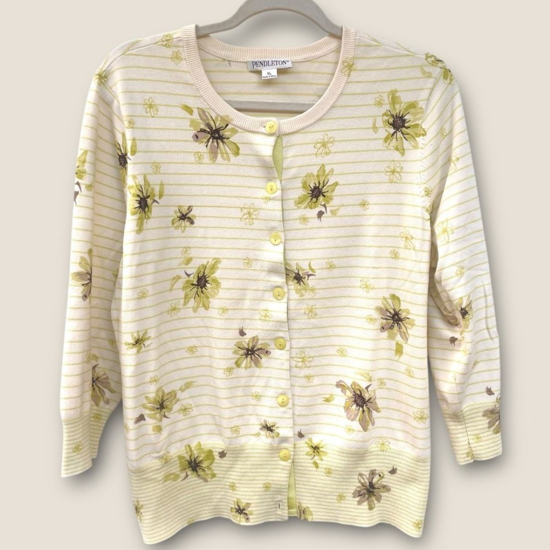 Pendleton XL Silk Blend Striped Floral Cardigan Cream Sage Green Brown
