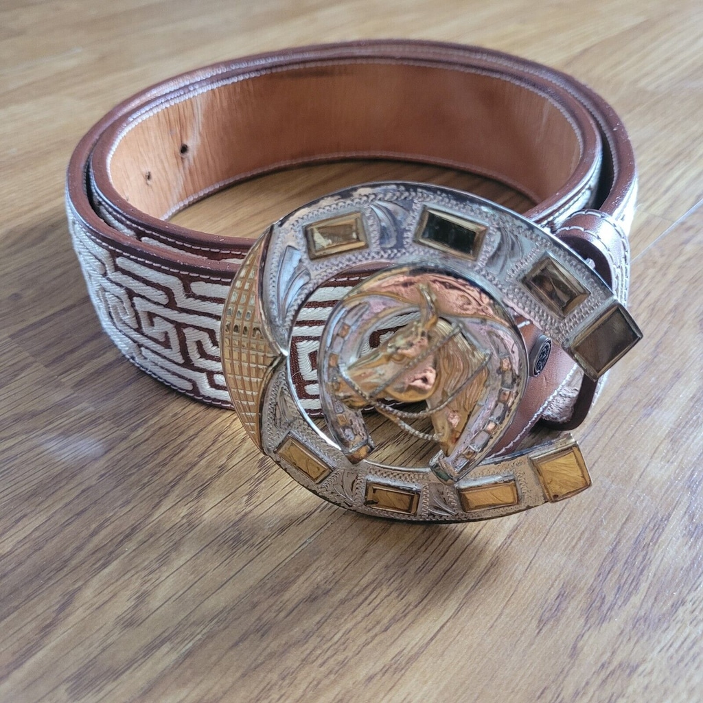Montana Silversmiths Brown Ivory Embroidered Horse Silver Gold Buckle Belt 36