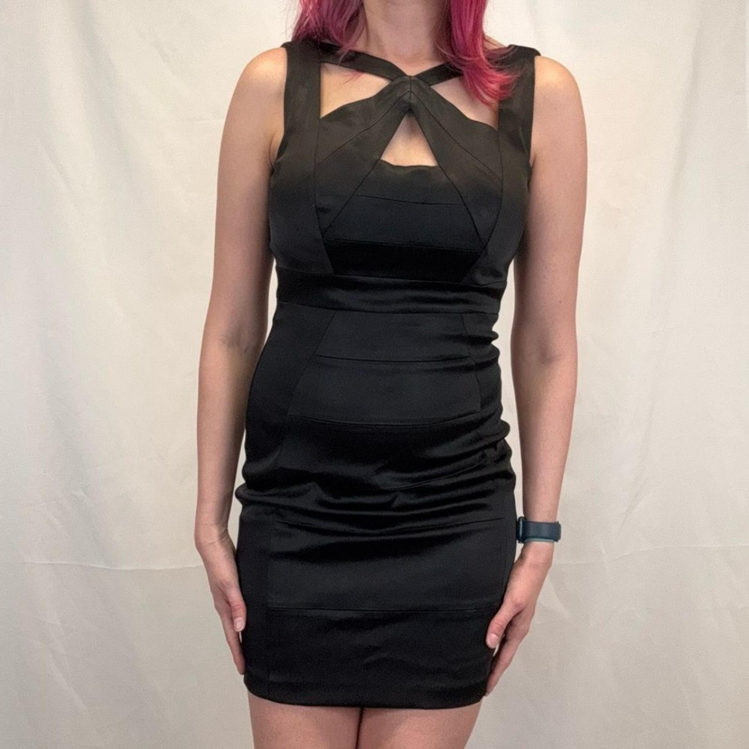 JAX Women's Sleeveless Mini Cocktail Dress Black 6 Sheer Satin Cutout High Neck