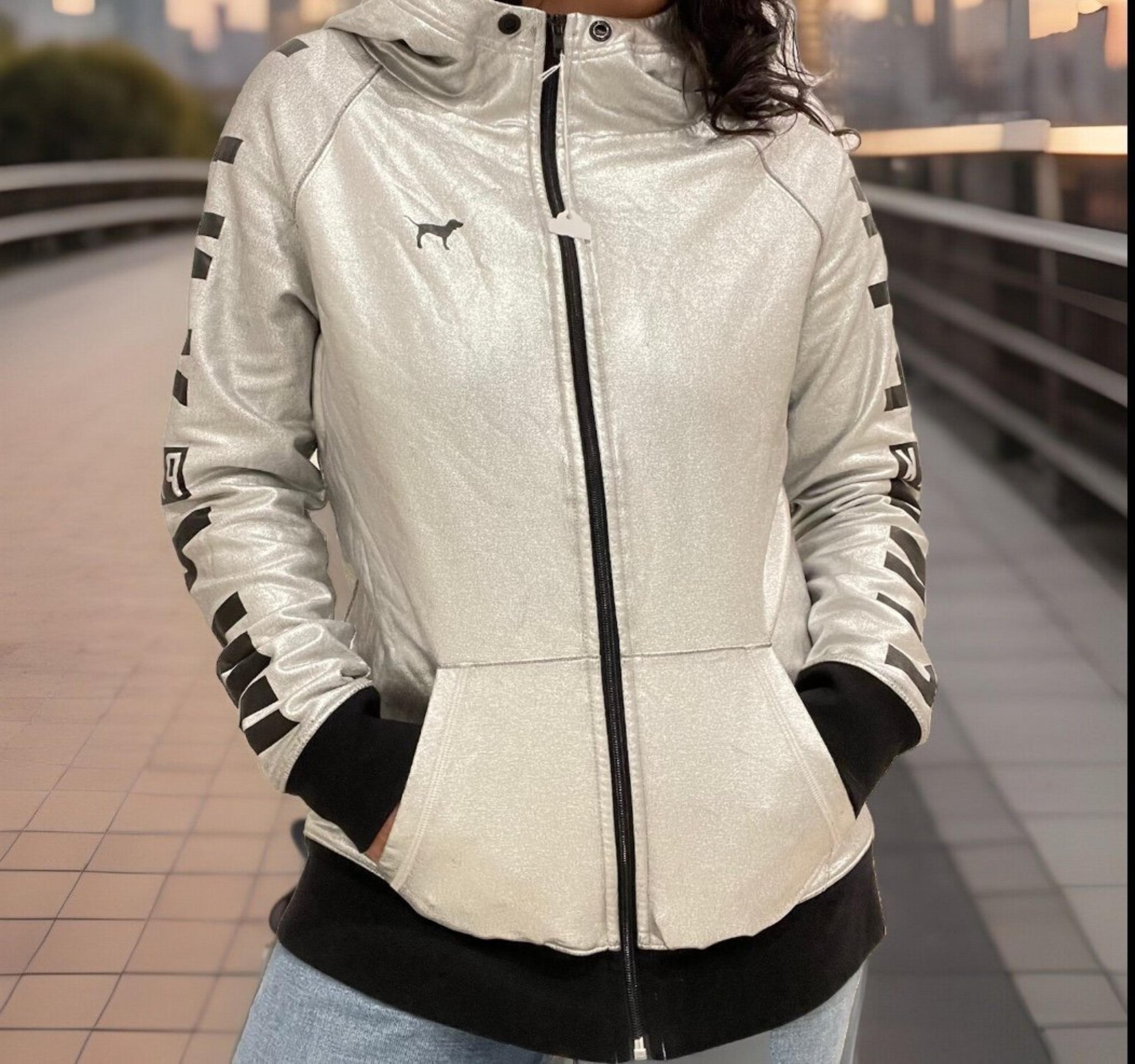 PINK Victoria’s Secret Fashion Show 2014 Metallic Hoodie Full Zip Silver M