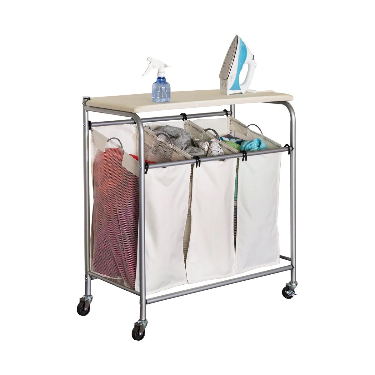 NIB Honey Can Do Rolling Triple Laundry Sorter with Ironing Board Top