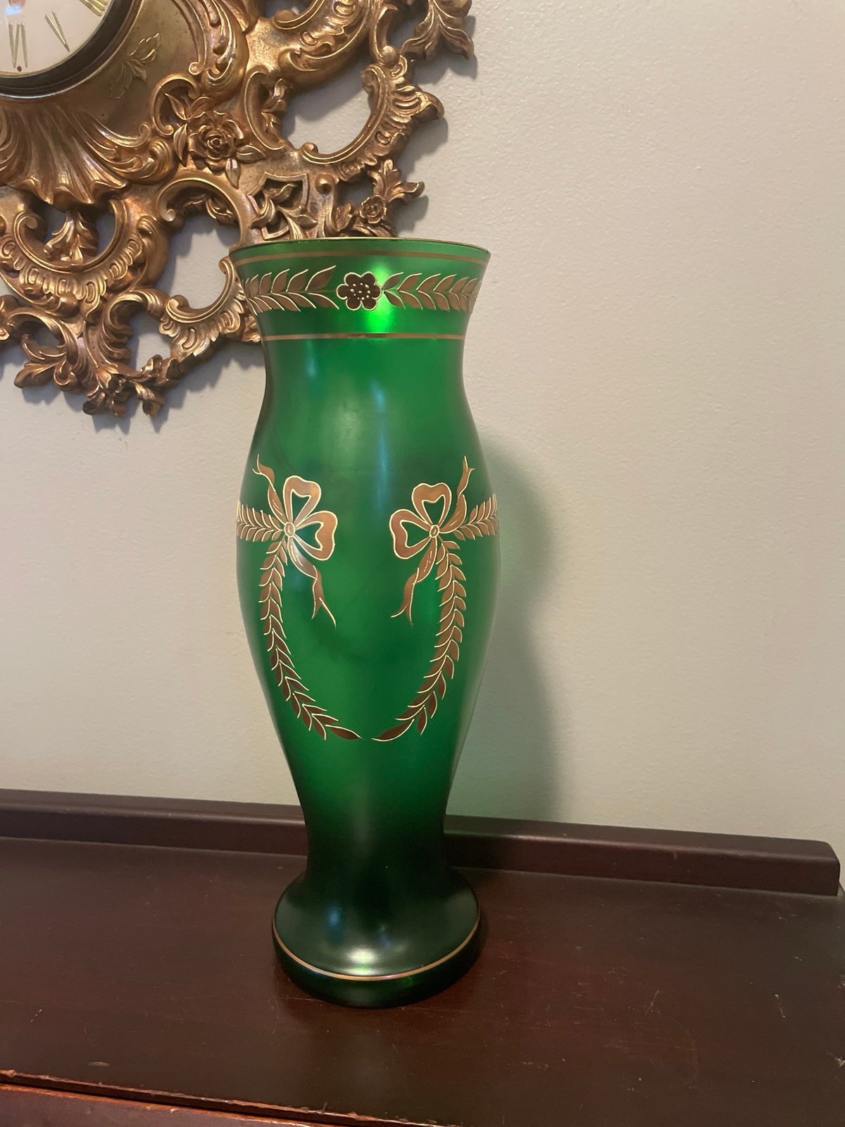 Vintage Emerald Green and Gold Bohemian Satin Glass Vase
