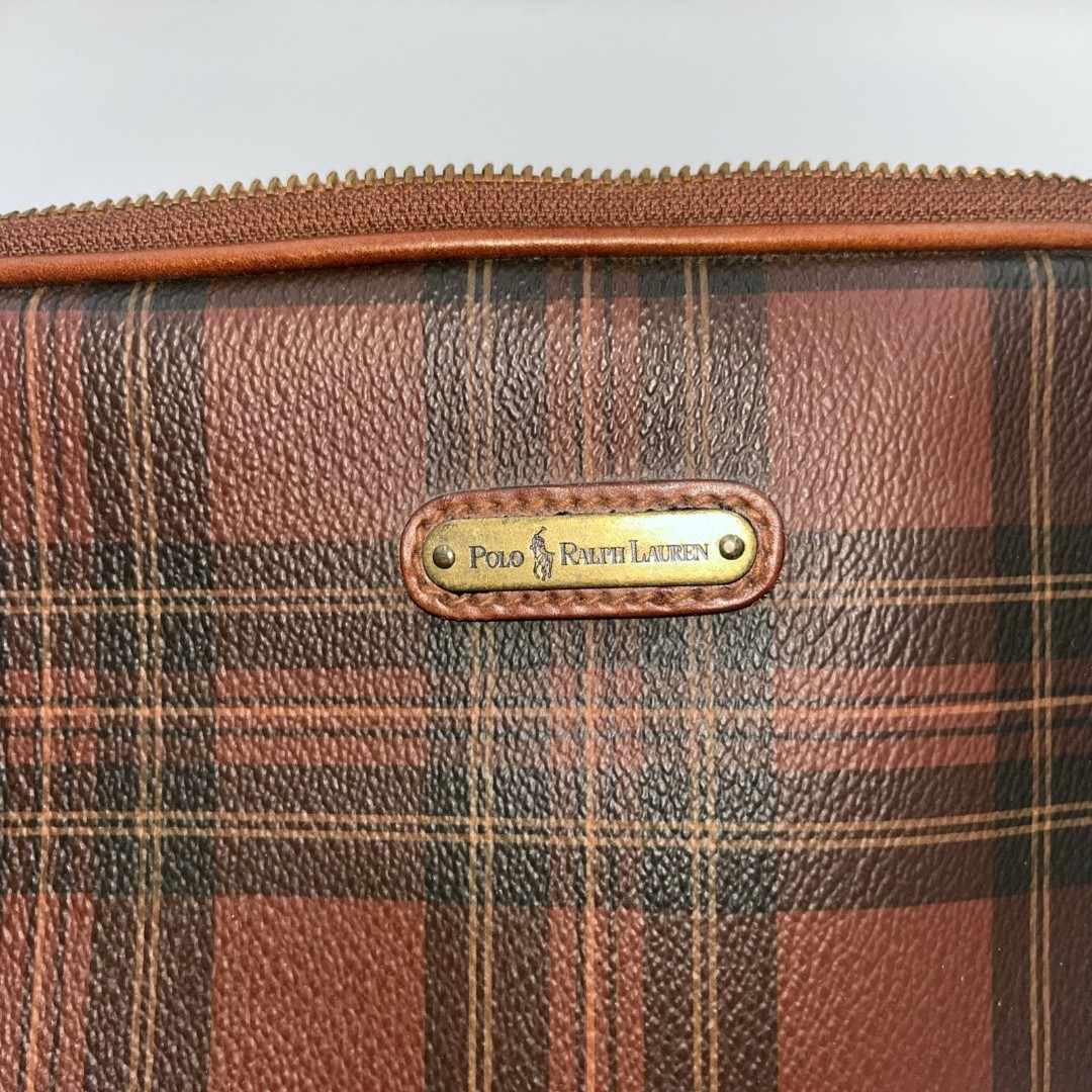 Vintage Polo Ralph Lauren Toiletry / Leather Cosmetic Tartan Plaid Bag 10”