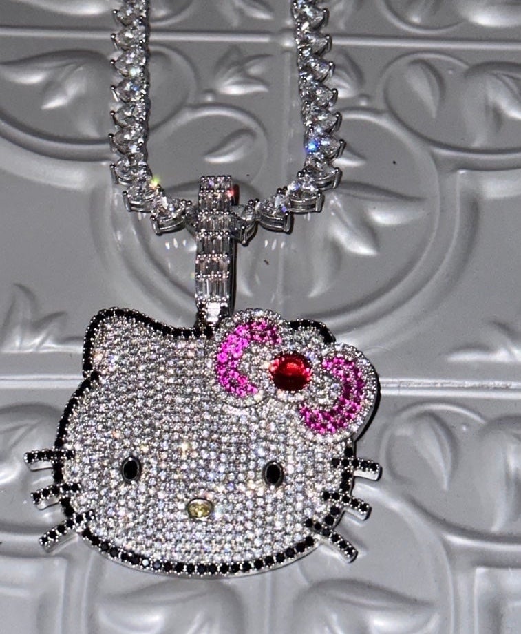 18k gold plated icy kitty pendant with 7mm all heart tennis chain
