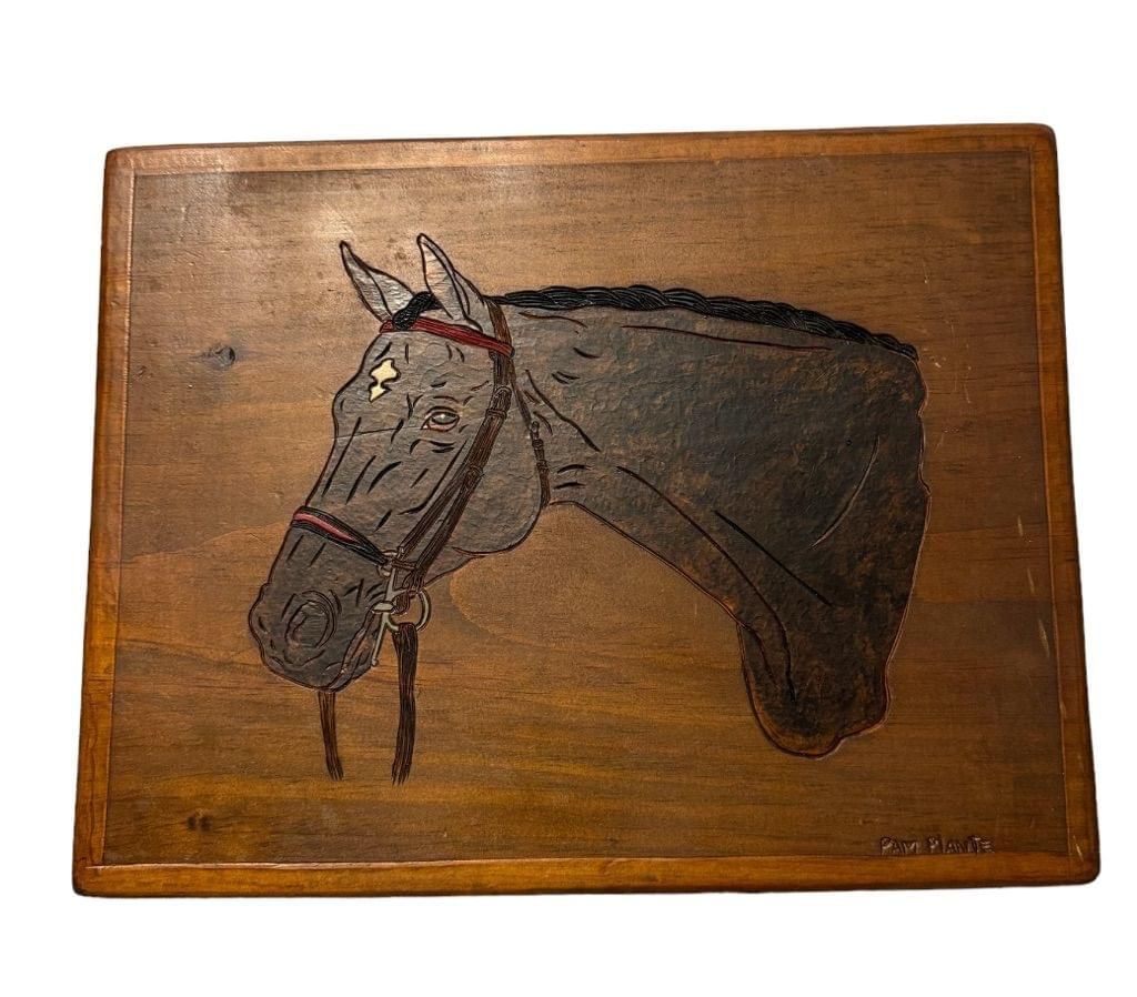 Antique Handcarved Horse on Wood Pam Plante Widled Western Etching Vintage Art