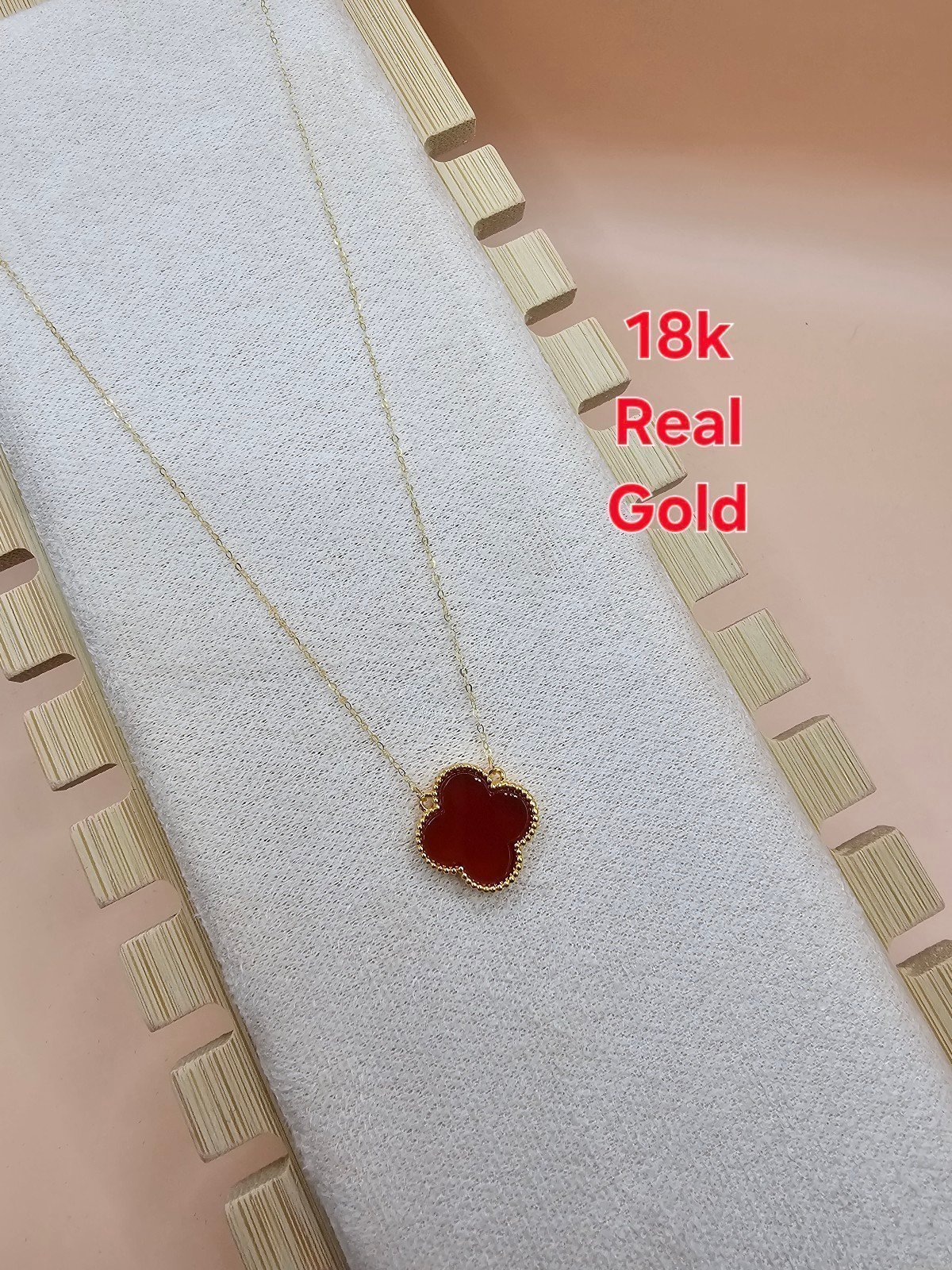 18k Solid Gold Red Clover Necklace Au750
