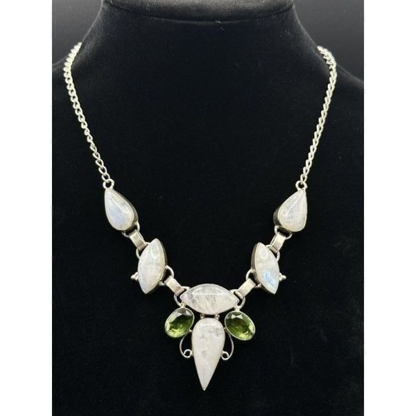 Moonstone Green Glass Crystal 925 Statement Bib Necklace Bold Teardrop Stones