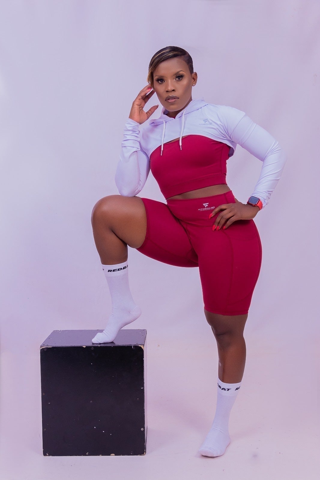 3pc Activewear/Yoga/Gym wear Shorts Set (Burgundy with White Shrug Hoodie)