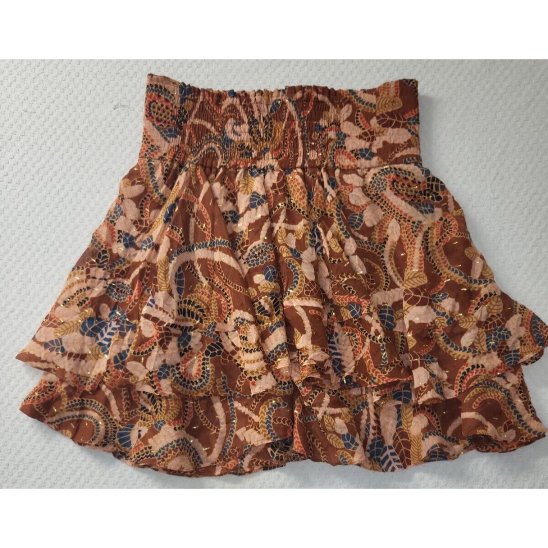 A.L.C Skirt Womens Brown 8 Smock Ruffle Mini Silk Floral Elastic Waist