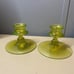 Vintage Green Uranium Vaseline Depression Glass Candlestick Holders Pair