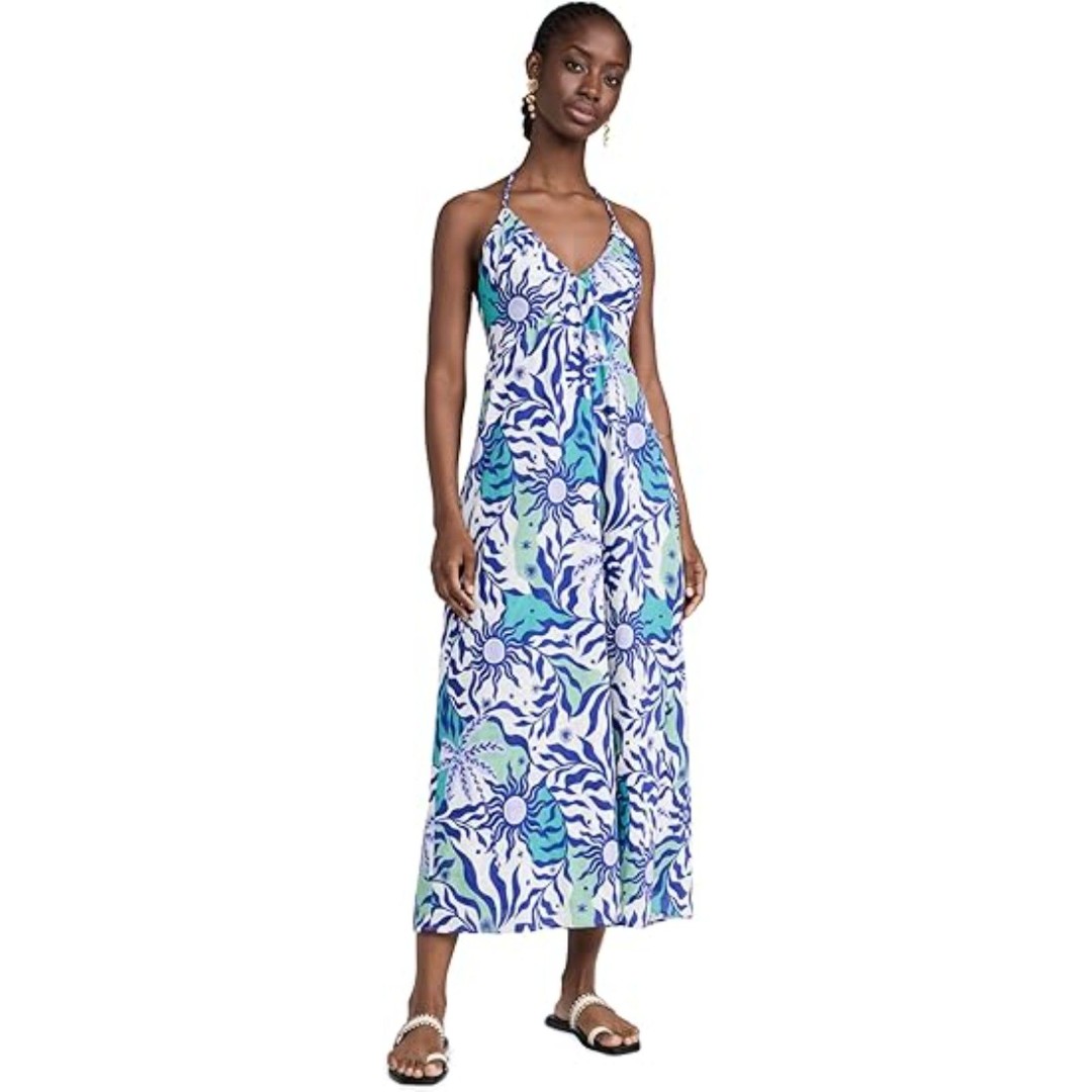 Xirena Maggie Dress Sz XS Blue White Cotton Maxi Maximalist Artsy Boho abstract