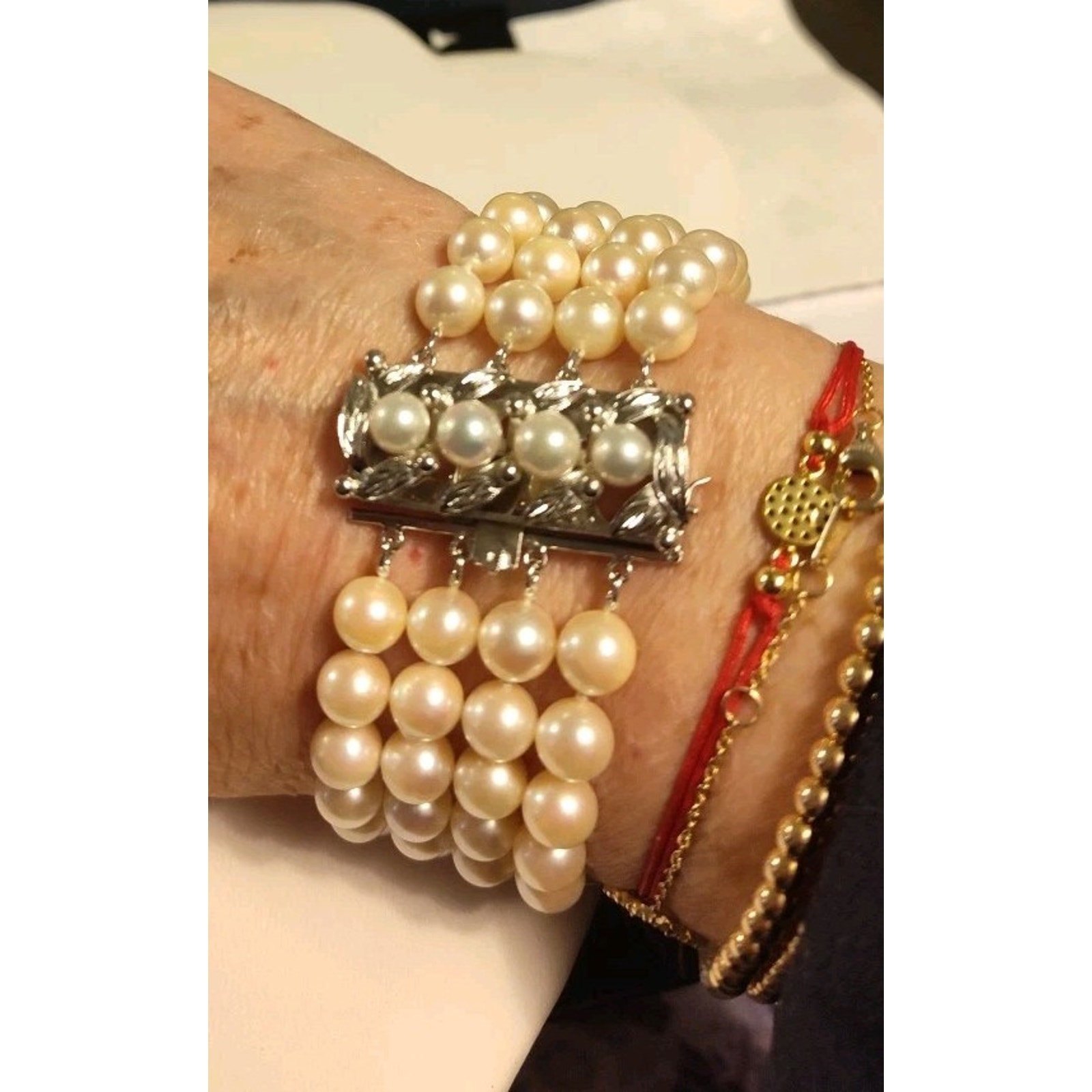 CULTURED PEARL BRACELET 4 STRAND LARGE STERLING SILVER PEARL CLASP 7 INCHES