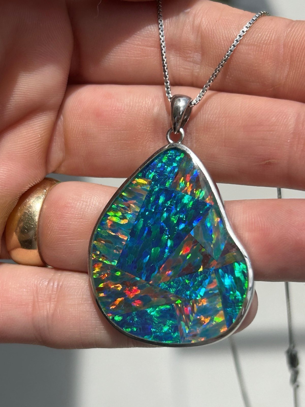 Vintage Sterling Huge Coober pedy Opal doublet pendant necklace*RARE!