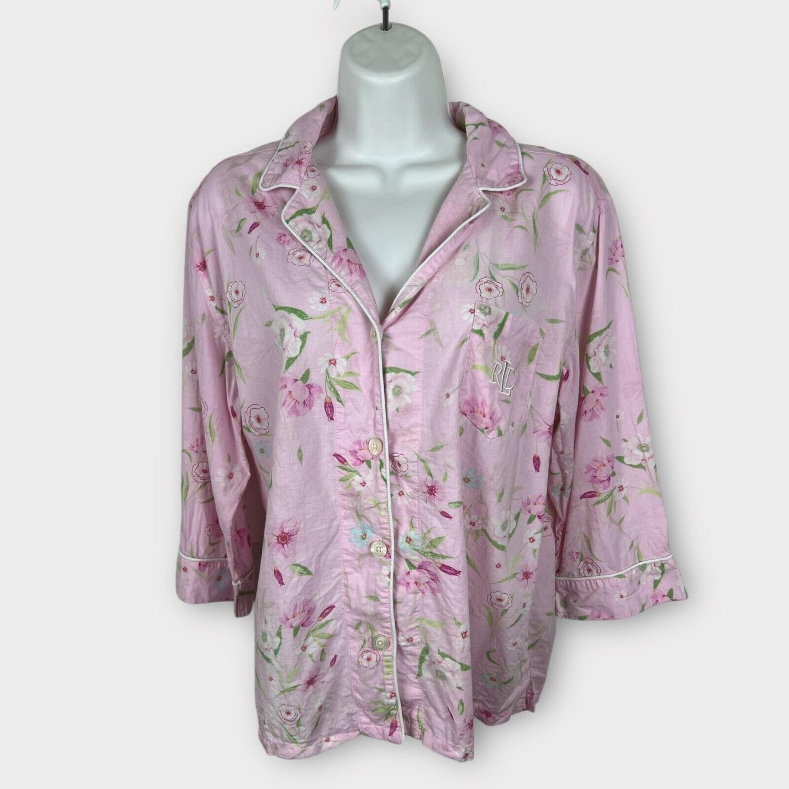 Y2K Pajama shirt Pink Florals Embroidered Pocket Long Slv LG - Lauren Ralph Lauren