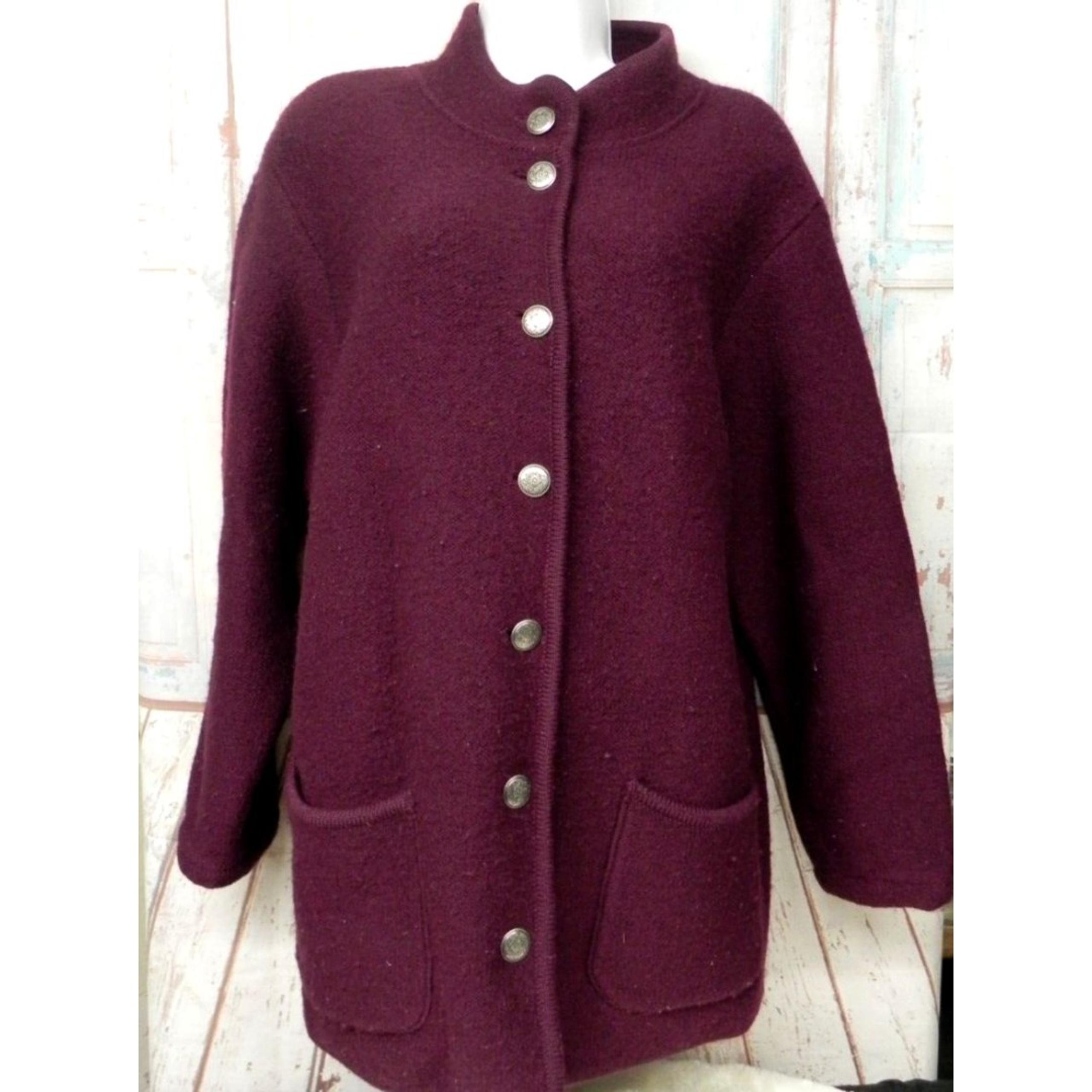 Women's 1X LL Bean Cardigan Button Down Barn Coat 100% Wool Maroon Purple