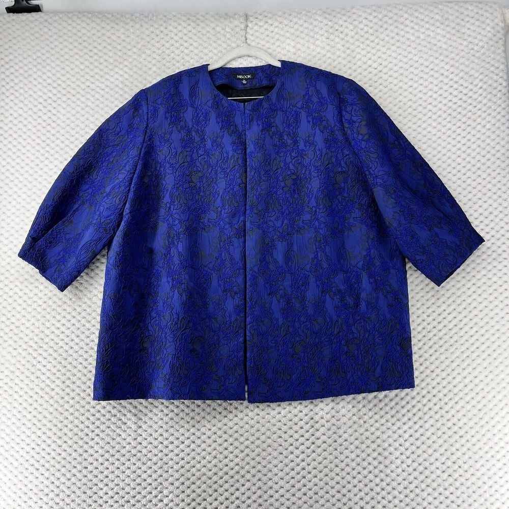 Misook Jacket Women's Open-Front Burnout Jacquard Quiet Luxury Blue Black XL