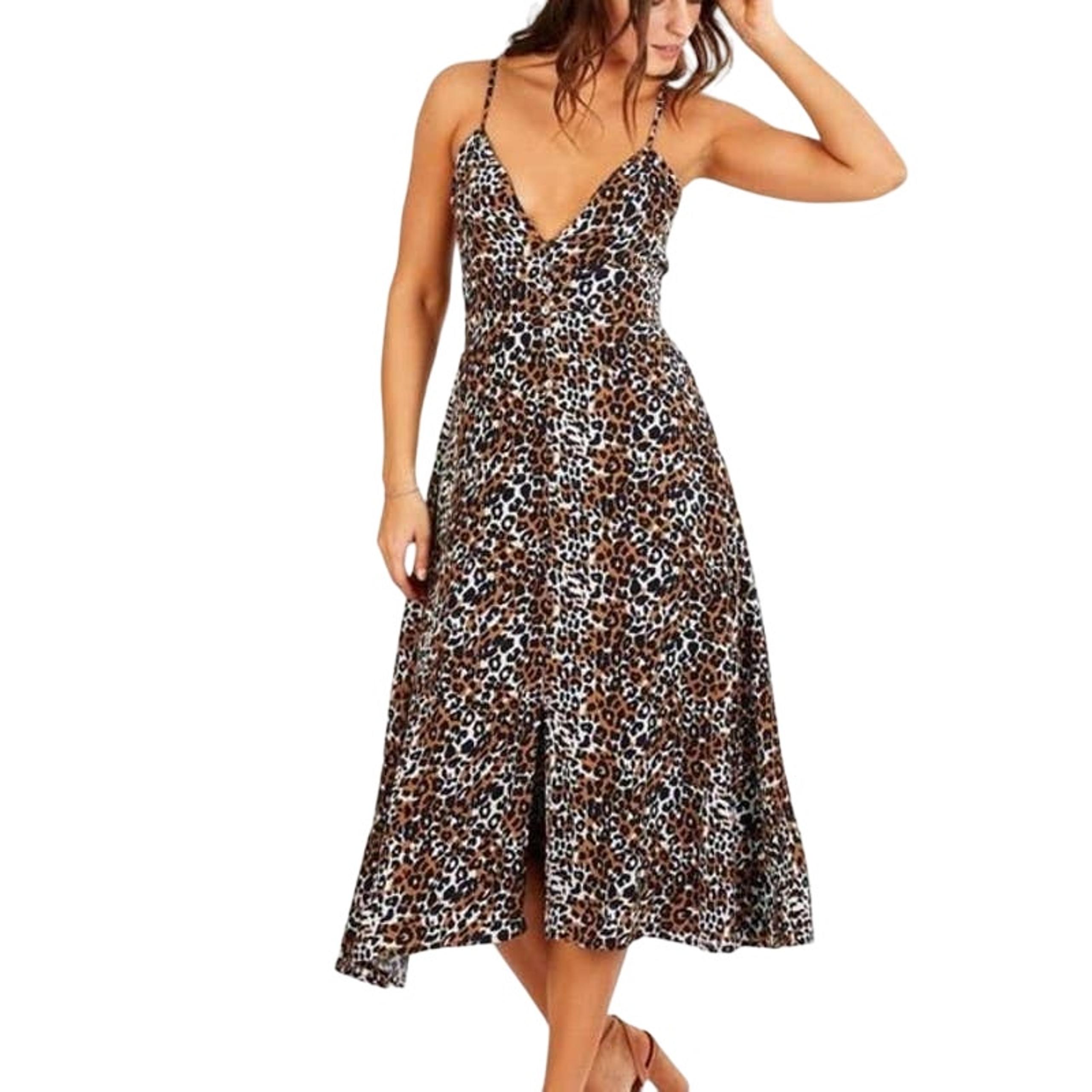 Cleobella Leopard Print Midi Maxi Dress Small Holiday Cheetah Brown Button Front