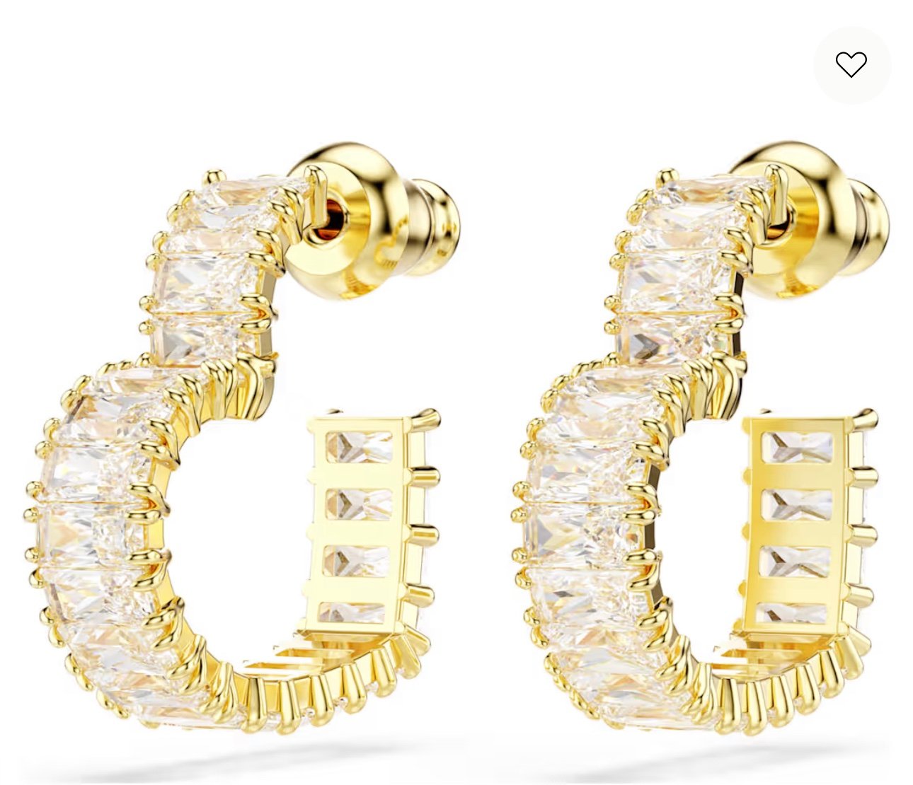 Matrix hoop earrings Baguette cut, Heart, Small, White, Gold-tone