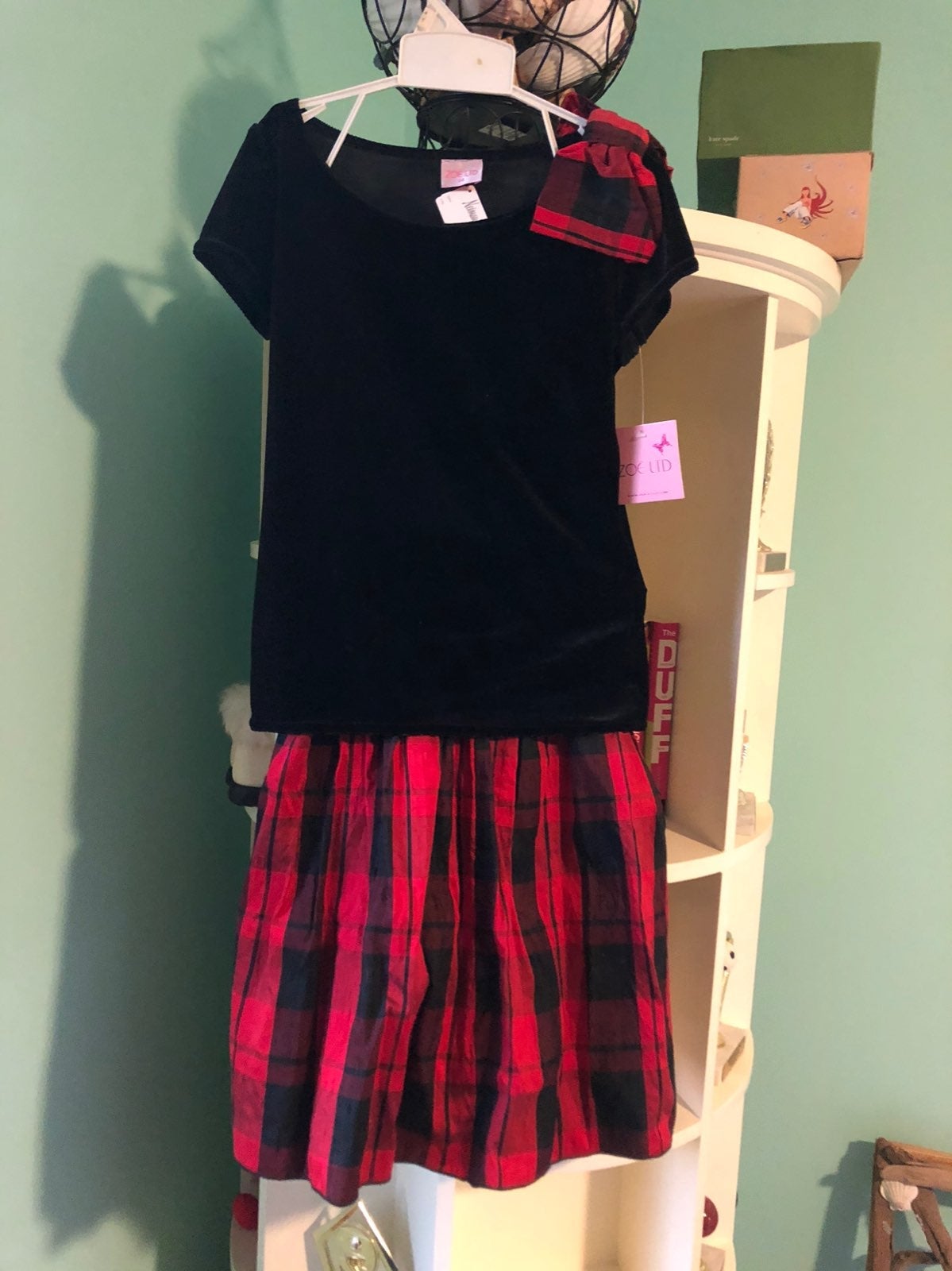 Zoe black velvet top with plaid skirt 14