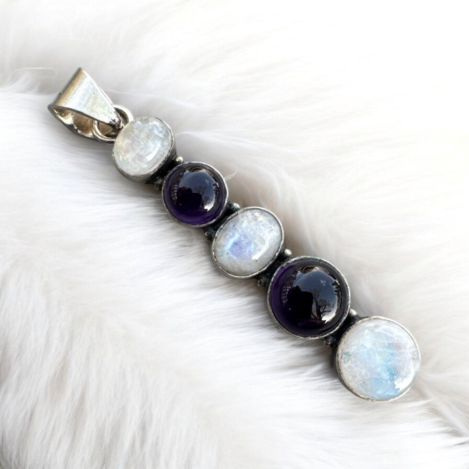 Rainbow Moonstone & Amethyst Solid 925 Sterling Silver Pendant