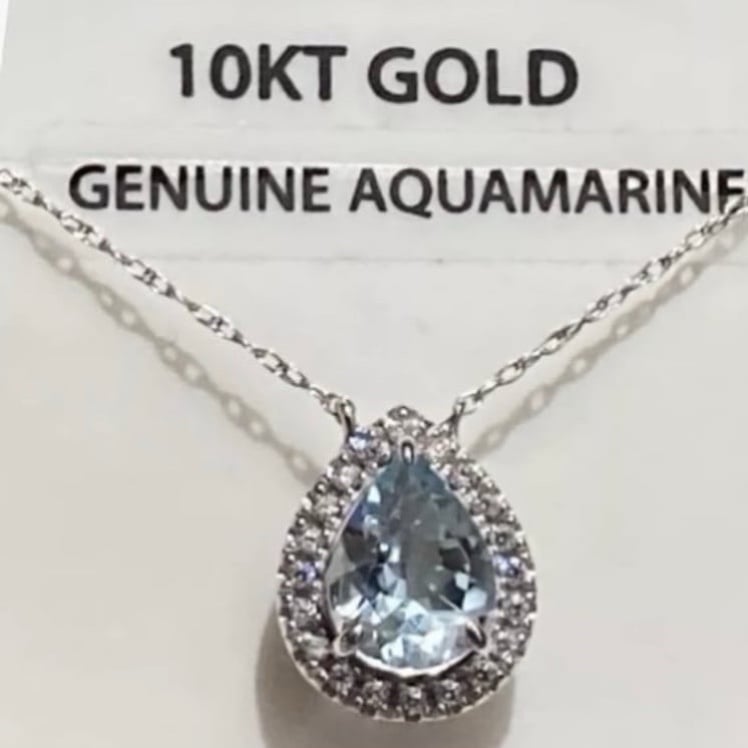 10K White Gold Teardrop Aquamarine and CZ Necklace 18” - made in Thailand