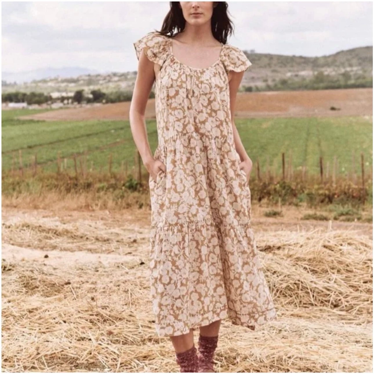 THE GREAT. Whipstitched Plumeria Dress in Oat Wild Brush Floral Size Large or 3