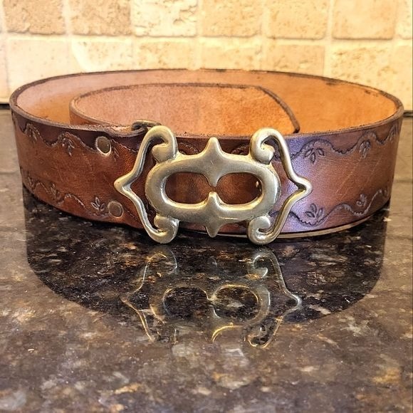 Vintage Tooled Brown Leather Belt w/ Brass Buckle and Previous Owners Name Pat
