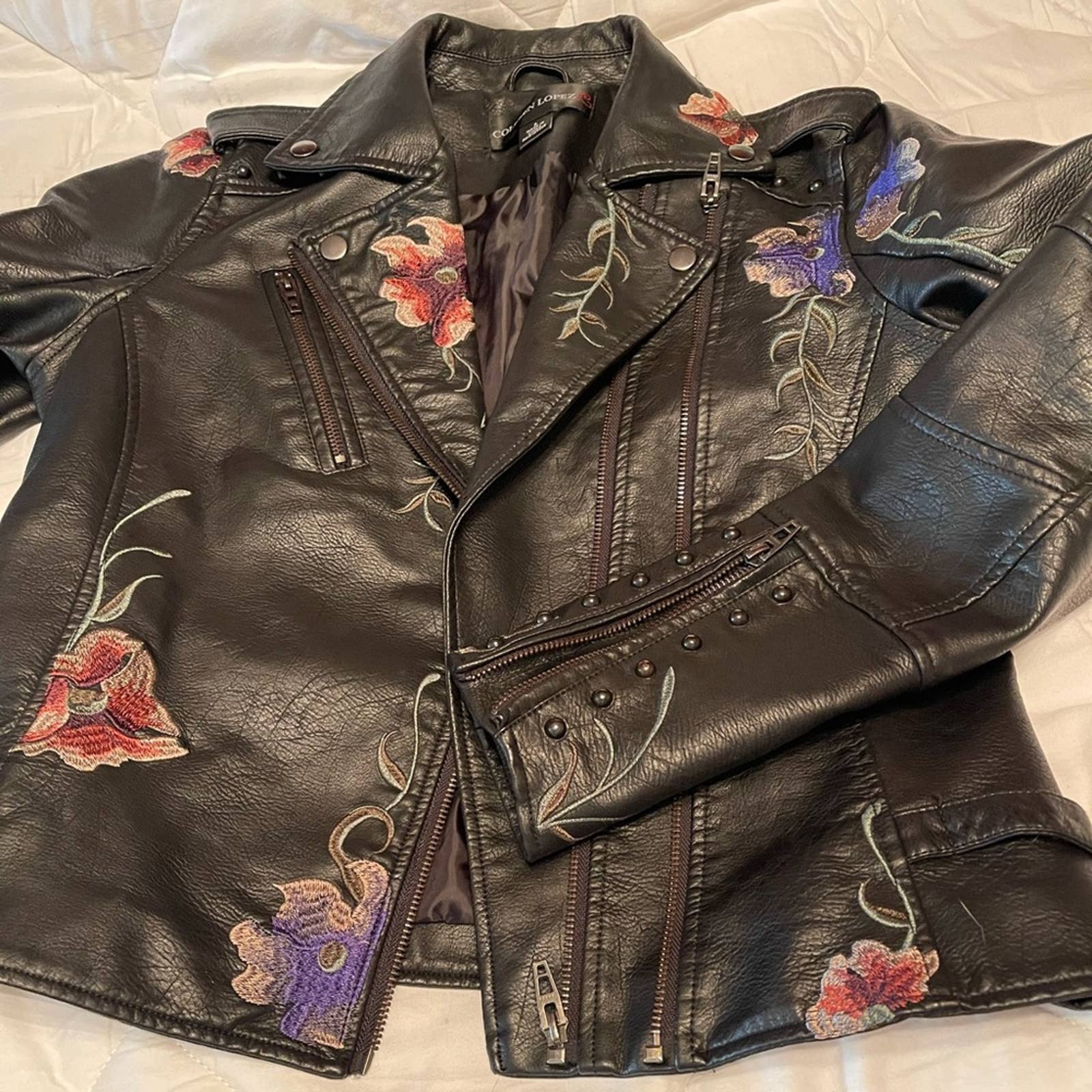 Vegan embroidered moto jacket