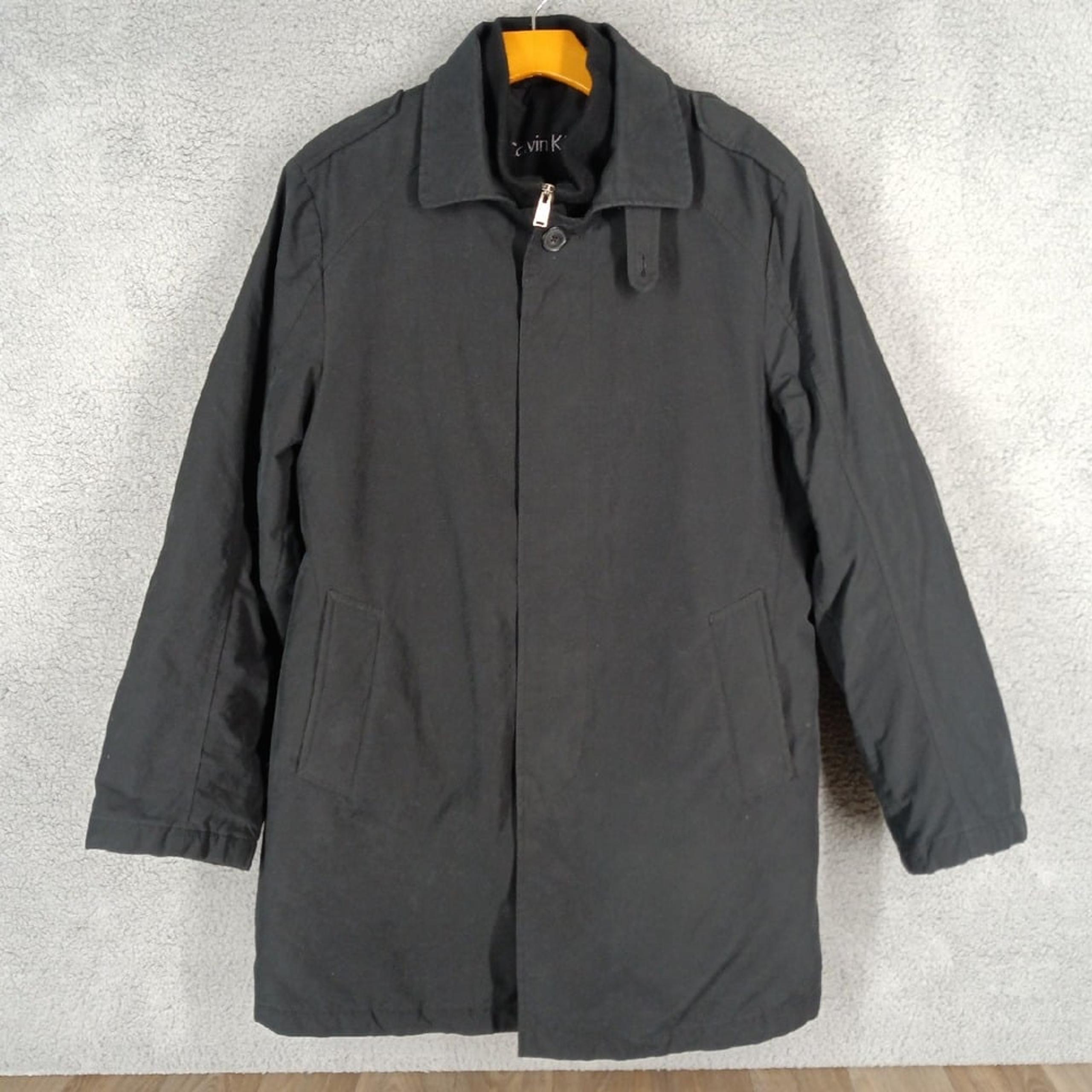 Calvin Klein Mens 40R Black Trench Coat Jacket Collared Button Front