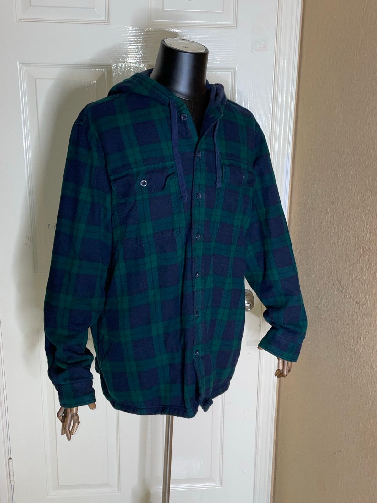 LL Bean Hoodie Mens X Large Green Flannel Shacket Fleece Lined Traditional Fit