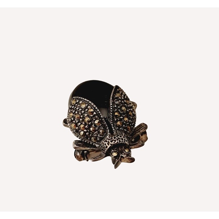 Vtg Sterling Silver Black Onyx Beetle Marcasite Brooch Pin Marked