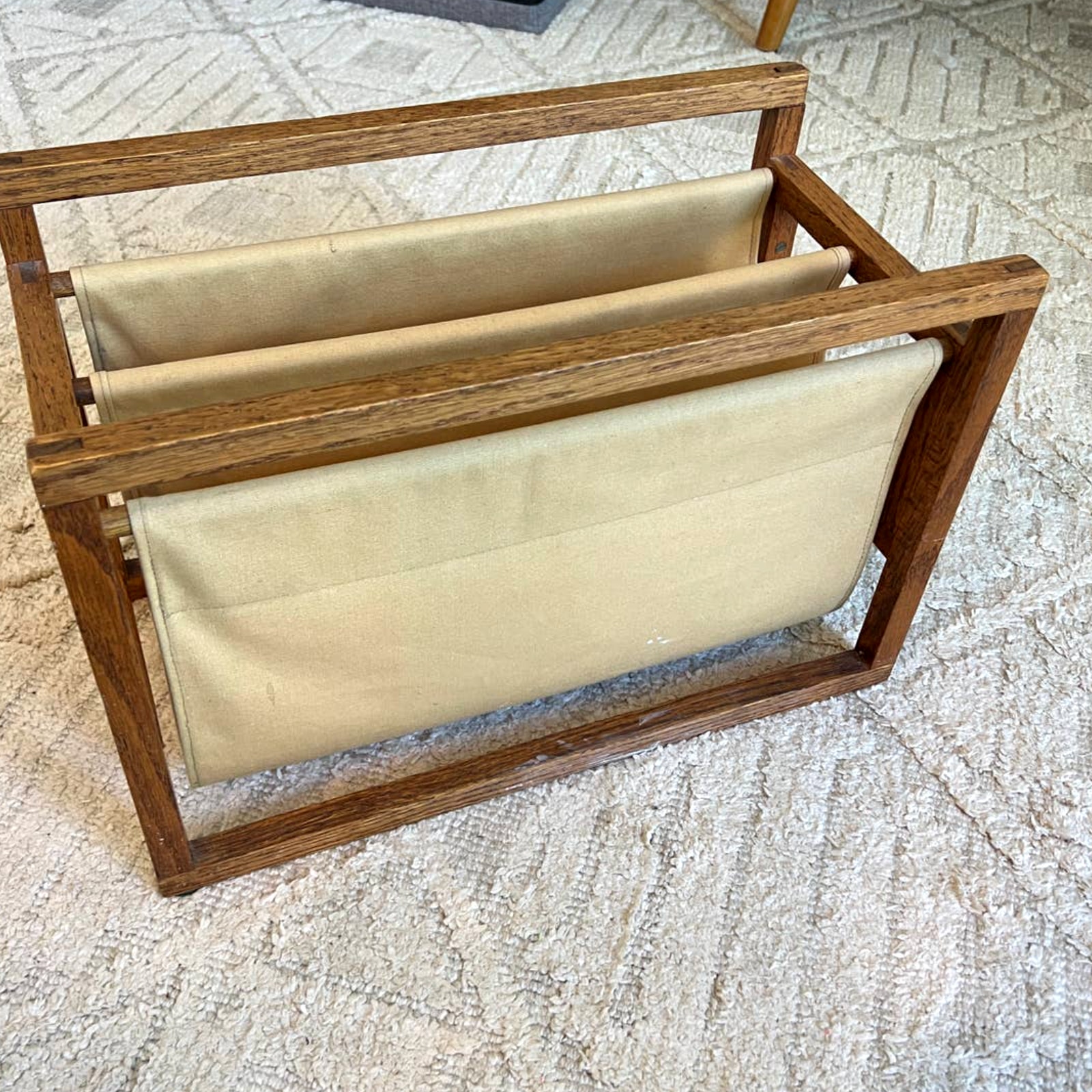 Vintage Oak and Linen Magazine Sling Rack Holder Scandanavian Look 60s 70s MCM