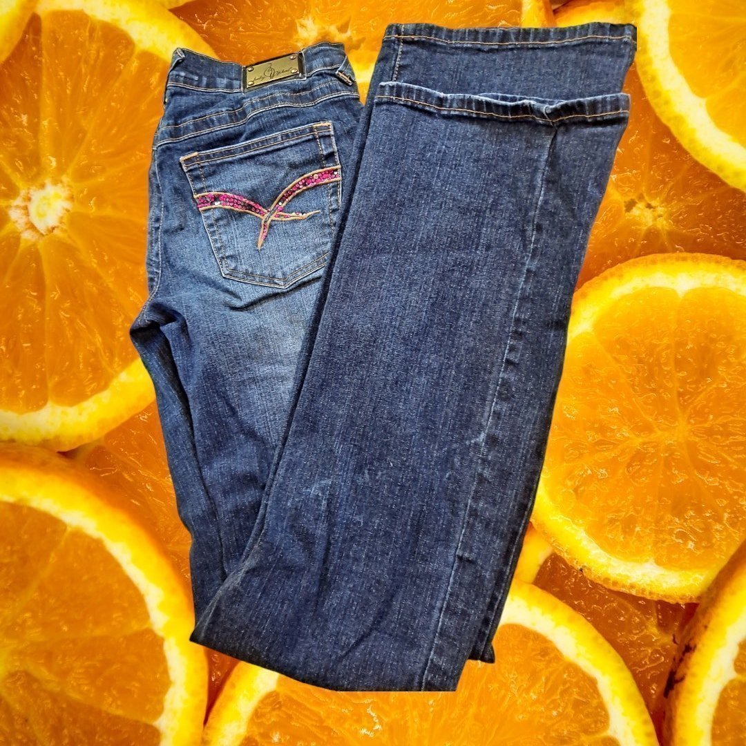 Baby Phat Blue Slightly Distressed Jeans with Pink Stones on the Pockets Size 5