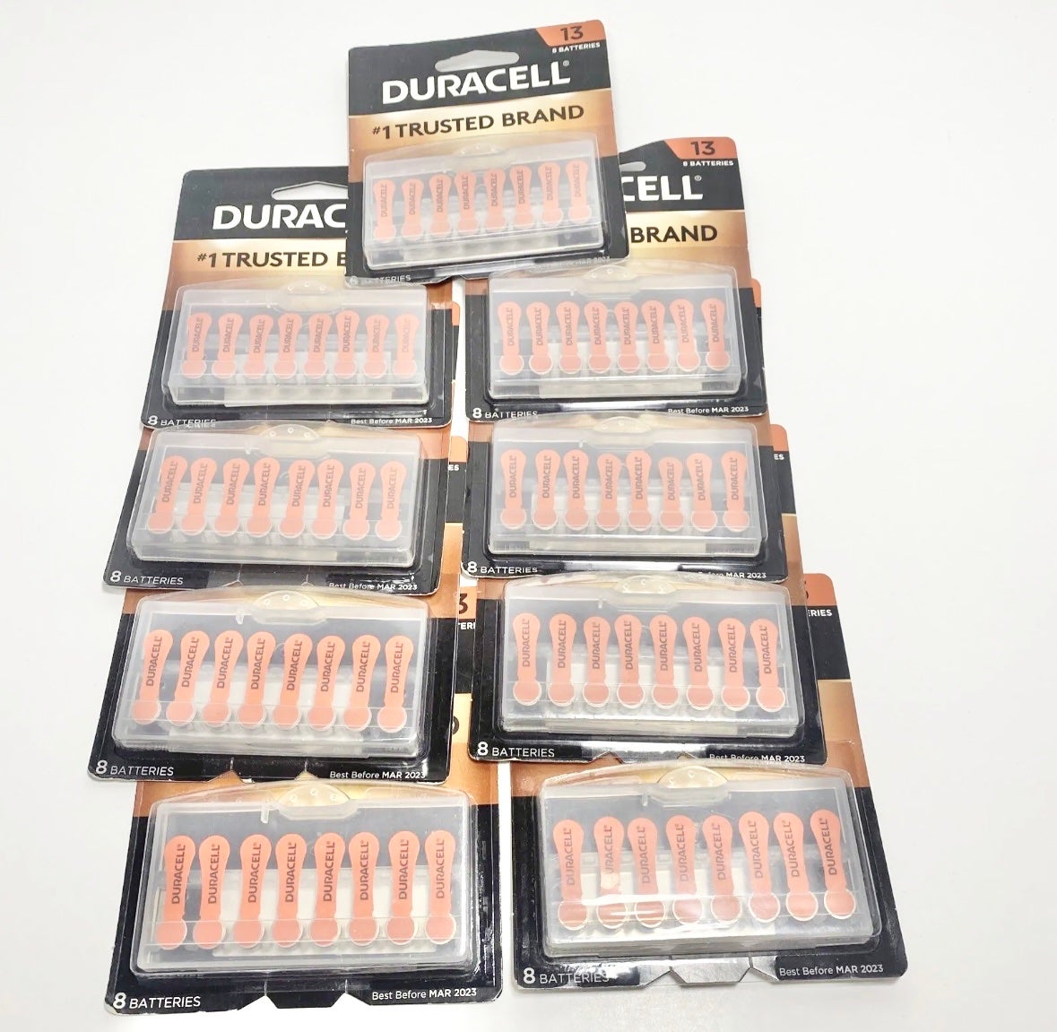 Lot Of 9 8-pack (72) Duracell Size 13 Hearing Aid Batteries DA13B8ZM exp.03/2023 Lot Of 9 8-pack (72) Duracell Size 13 Hearing Aid Batteries DA13B8ZM exp.03/2023