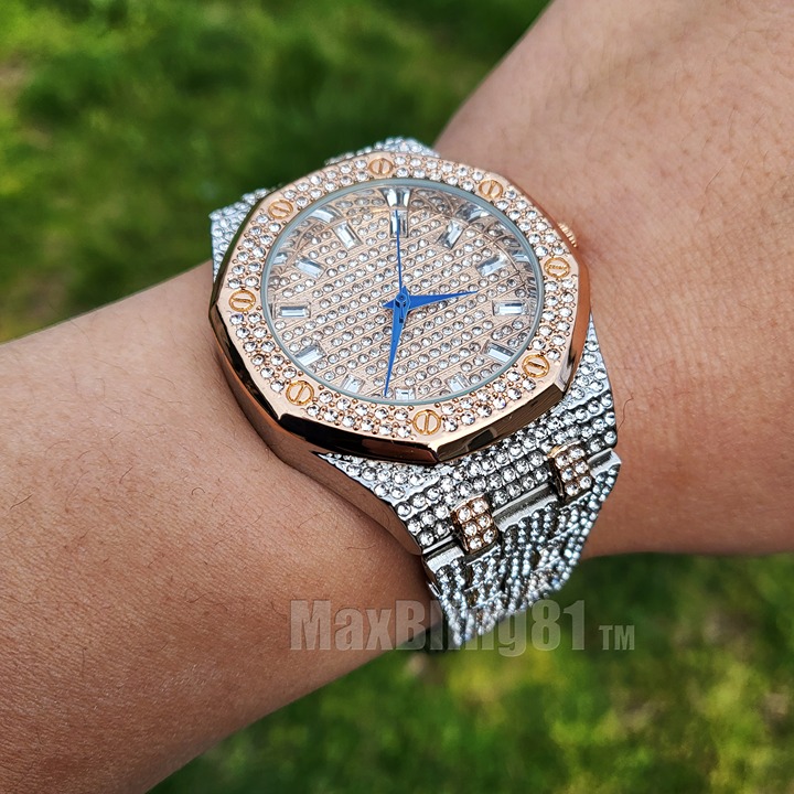 Men Wrist Watch Luxury Rose Gold Silver Plated Bling Simulated Diamond Bracelet