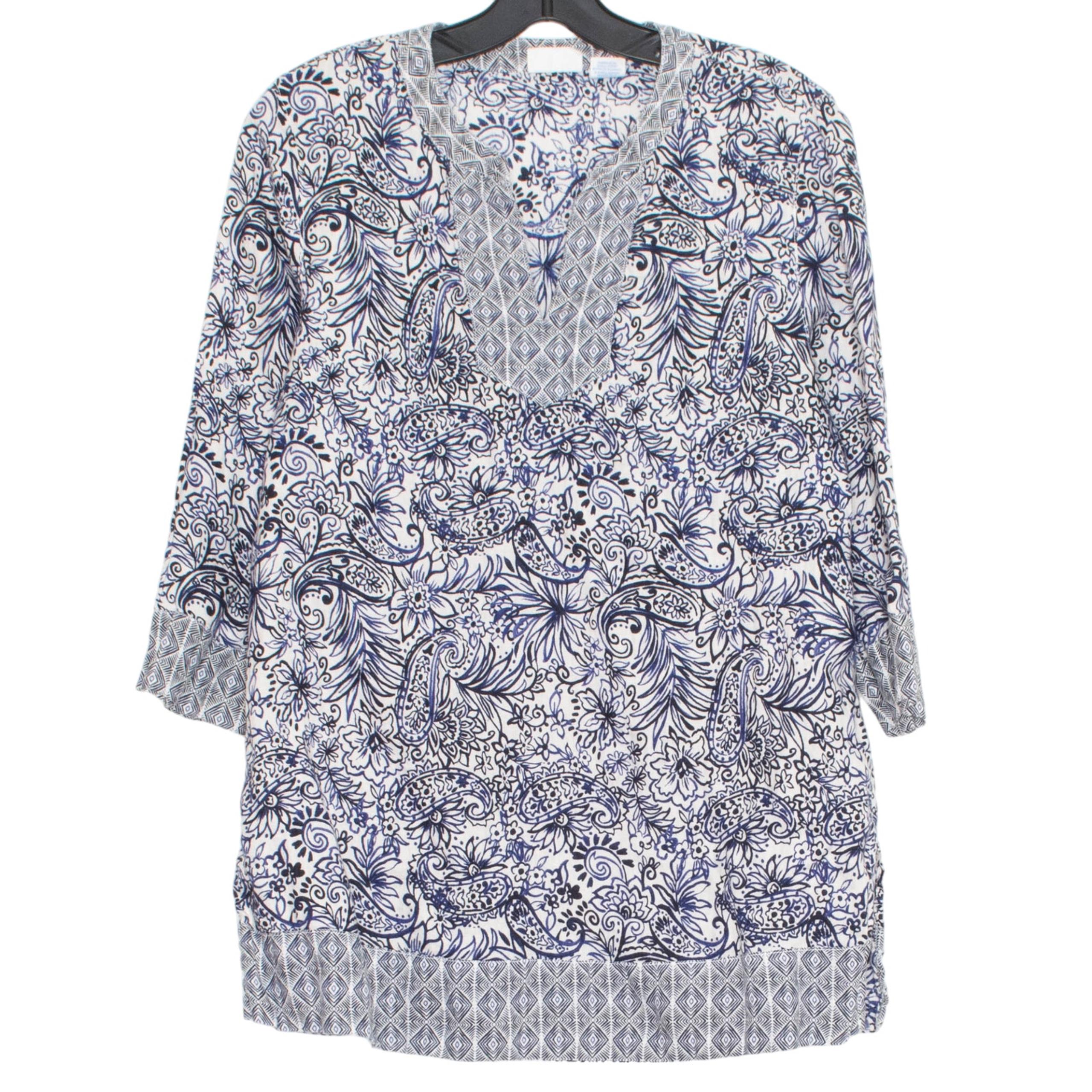 Sigrid Olsen Top Tunic Linen 3/4 Sleeve Boho Coastal Grandma Floral Medium KS
