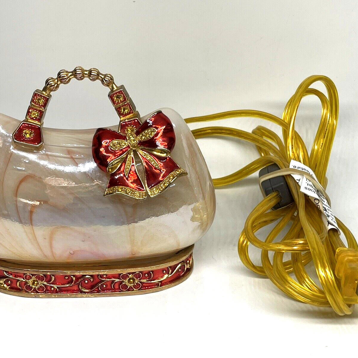 Blown Glass Purse Handbag Accent Table Lamp Red Bow Rhinestones