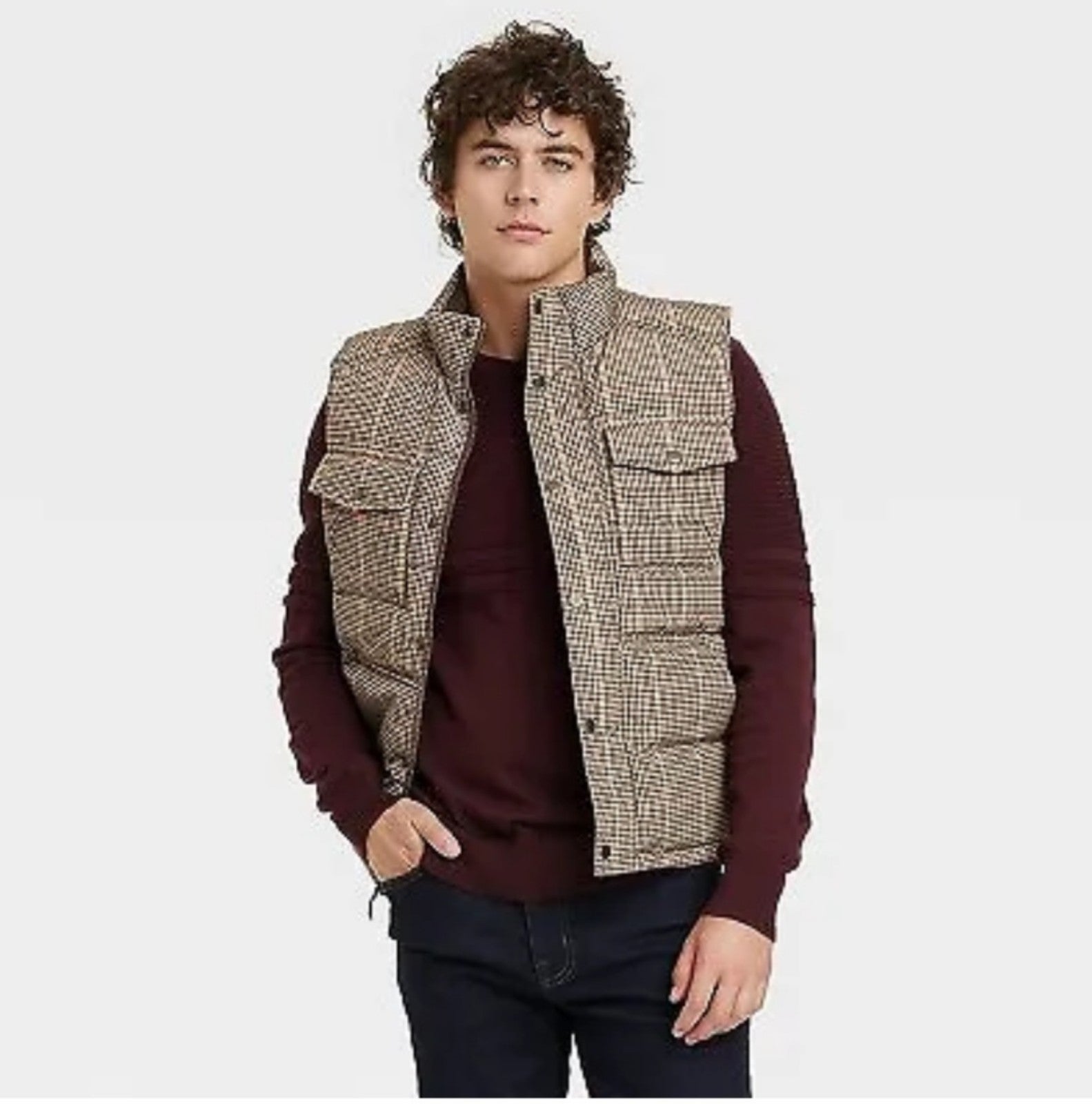 Men's Corduroy Collar Midweight Puffer Jacket - Goodfellow & Co Brown M