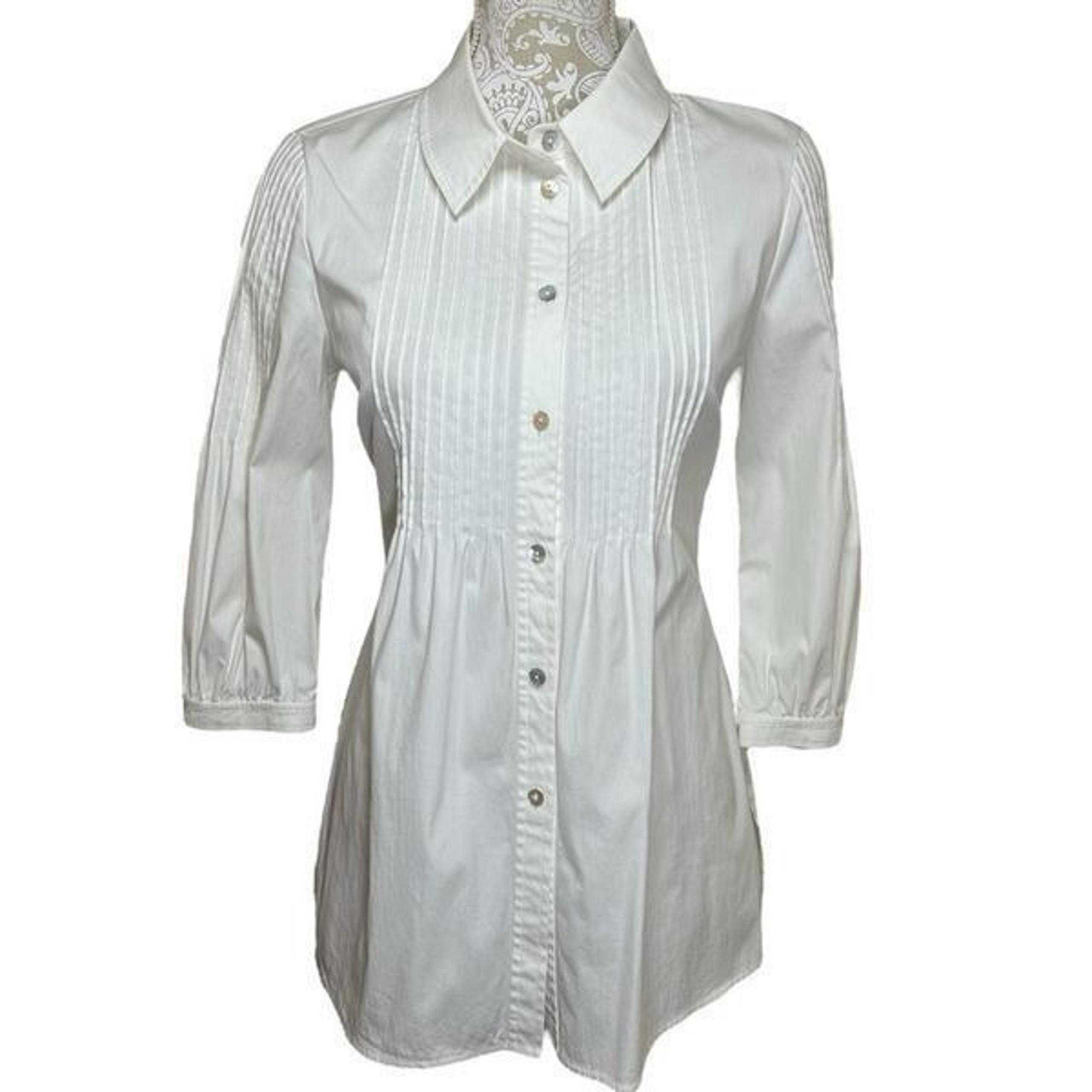 St. John White Button Up Down Pintuck 3/4 Sleeves Poplin Cotton Tunic Shirt Sz 4