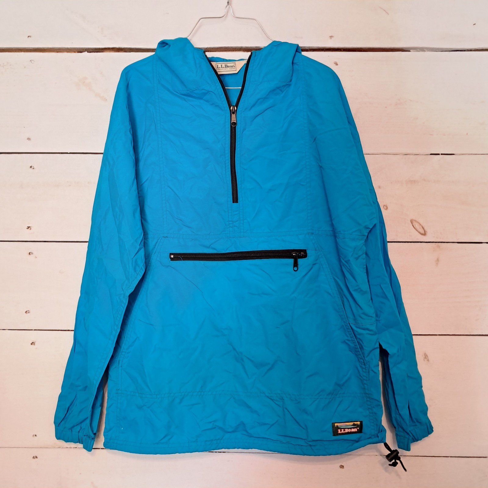 Vintage L.L. Bean Womens Teal 1/4 Zip Pullover Hooded Rain Jacket Size Small
