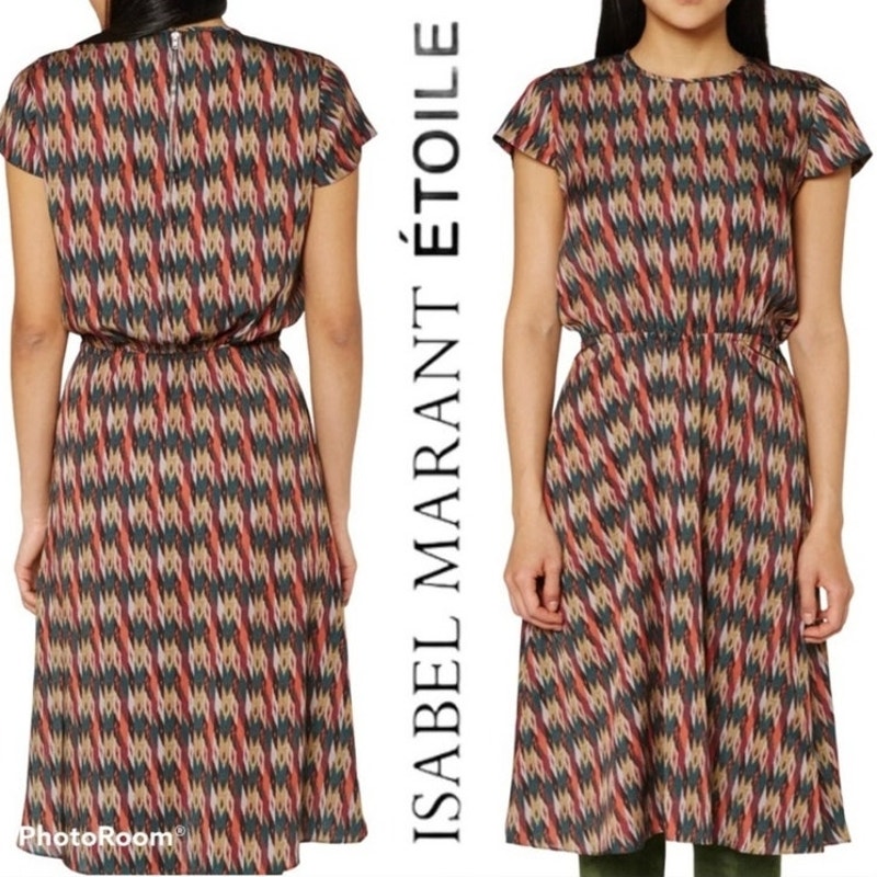Isabel Marant Etiole Harold Silky Midi Dress 36 [FR] 4 [US] Ikat Earthy Neutral
