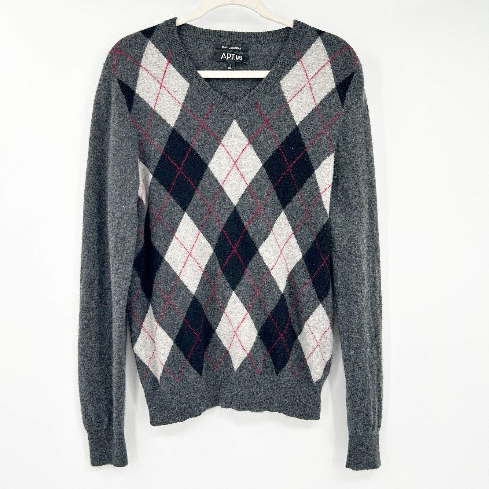 Apt. 9 Mens Fall Preppy Diamond Argyle Knit 100% Cashmere Sweater Size M Gray