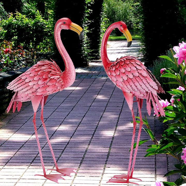 Set of 2 Flamingo Garden Statue, Outdoor Statues, Pink Flamingo Sculpture
