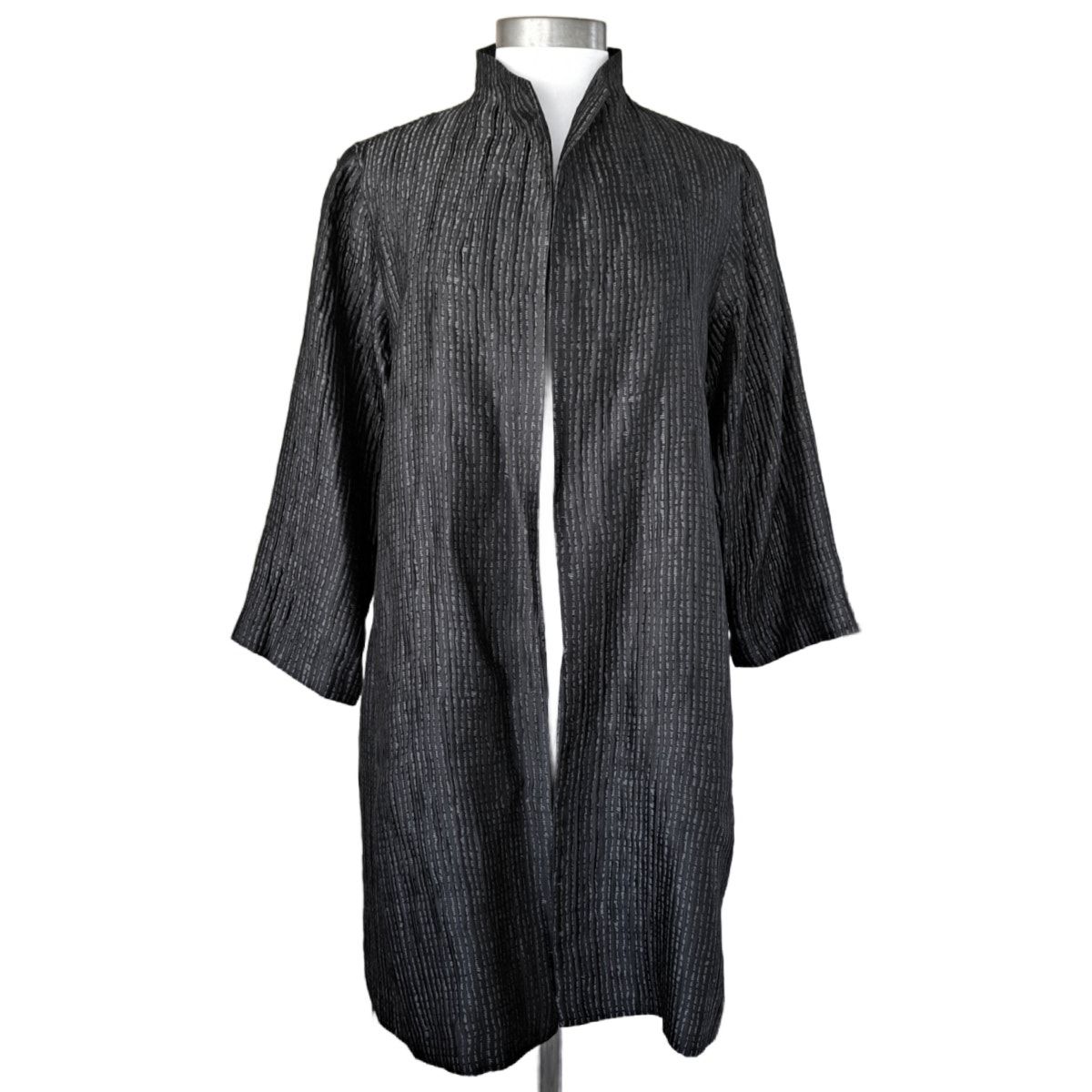EILEEN FISHER Long Black Silk Textured Jacket Large Petite Open Front