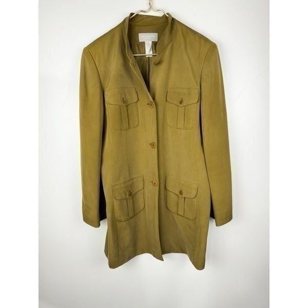 Liz Claiborne 100% Silk Sz 16 Blazer Utility Jacket Long Green Pockets